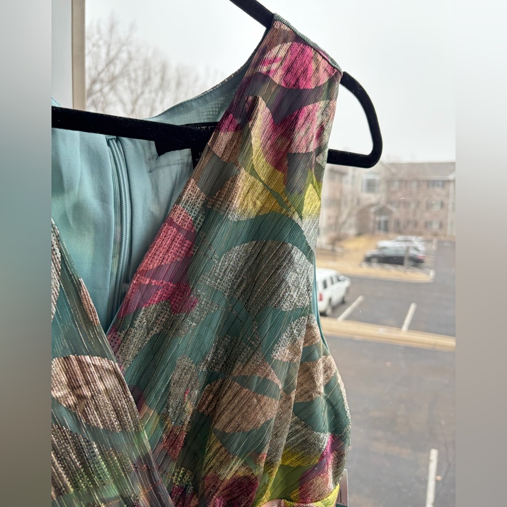 🆕 Ignite Evenings Metallic Floral Maxi Dress Size 16 Teal Gold Gown Pleated Prom - Picture 8 of 16